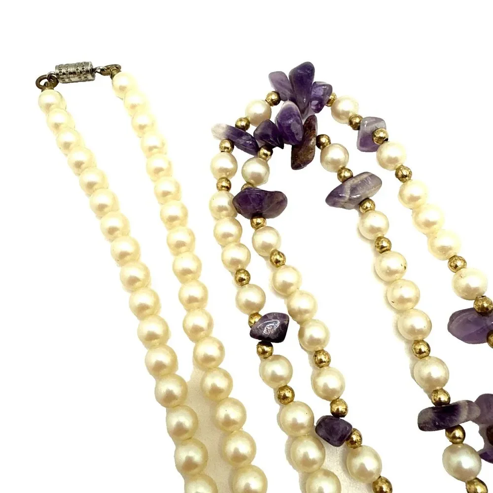 Vintage Faux Pearl Amethyst Chip Station Necklace Long Stone Boho Energy Calming